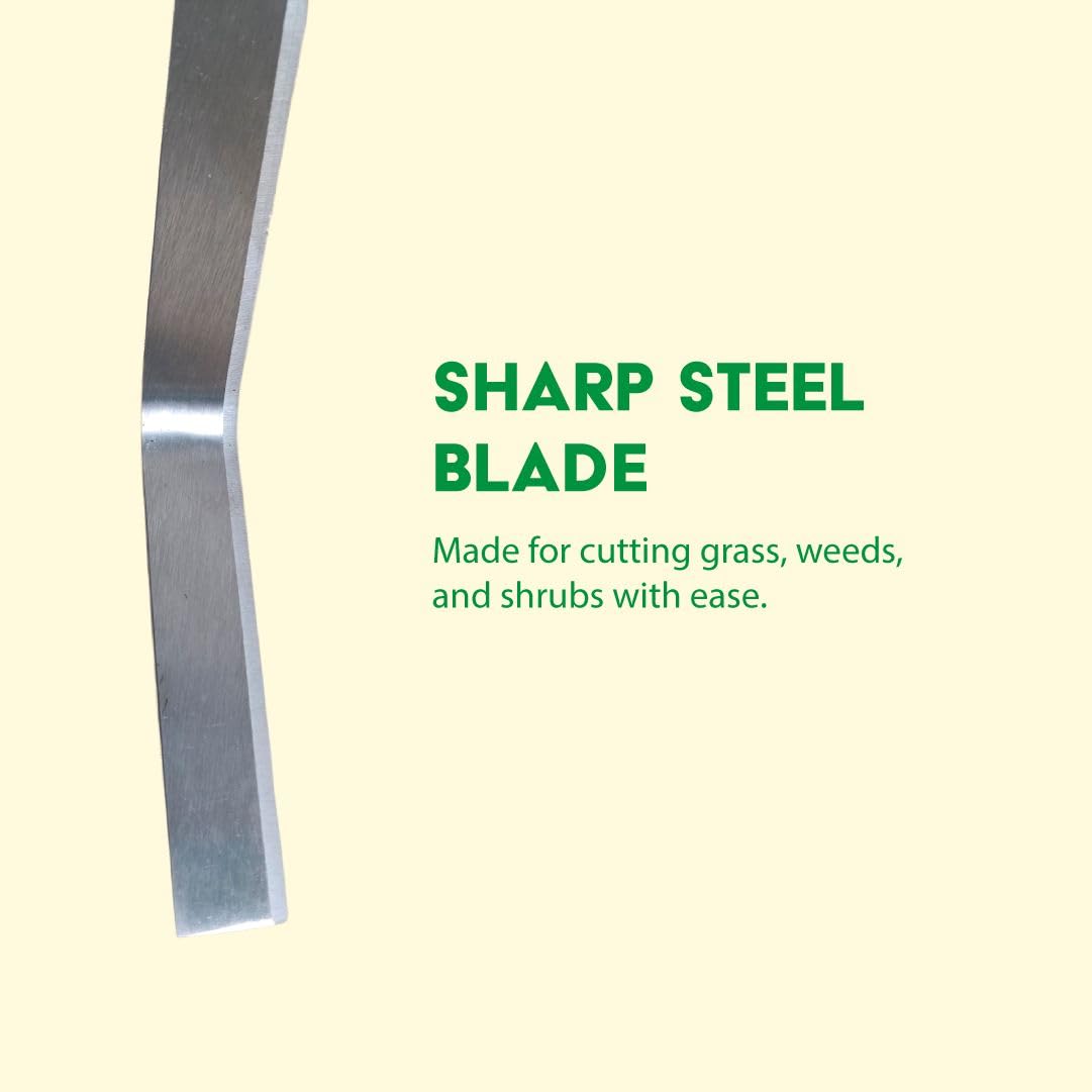 Mischief Green Grass Cutting Sword with Wooden Handle, Long Steel Blade | Bent Angle | Grass and Weed Cutting Tool