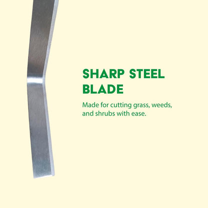 Mischief Green Grass Cutting Sword with Wooden Handle, Long Steel Blade | Bent Angle | Grass and Weed Cutting Tool