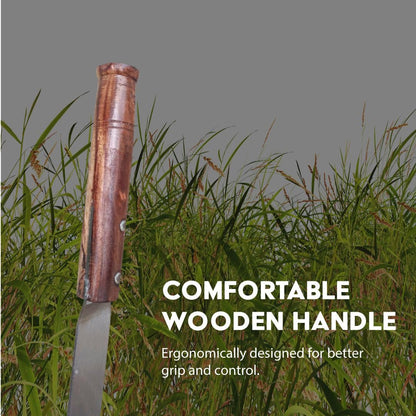 Mischief Green Grass Cutting Sword with Wooden Handle, Long Steel Blade | Bent Angle | Grass and Weed Cutting Tool